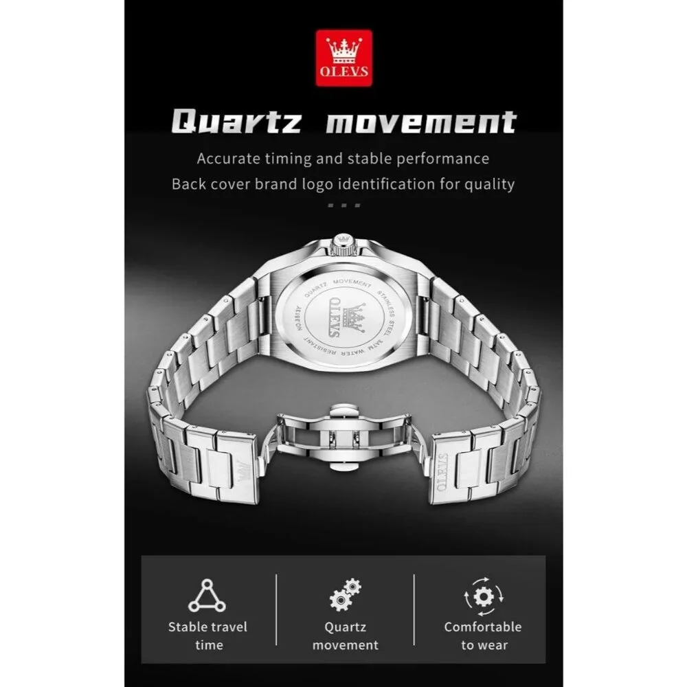 Olevs Men's Silver Stainless Steel Analog Luminous Waterproof Easy Wear Watch